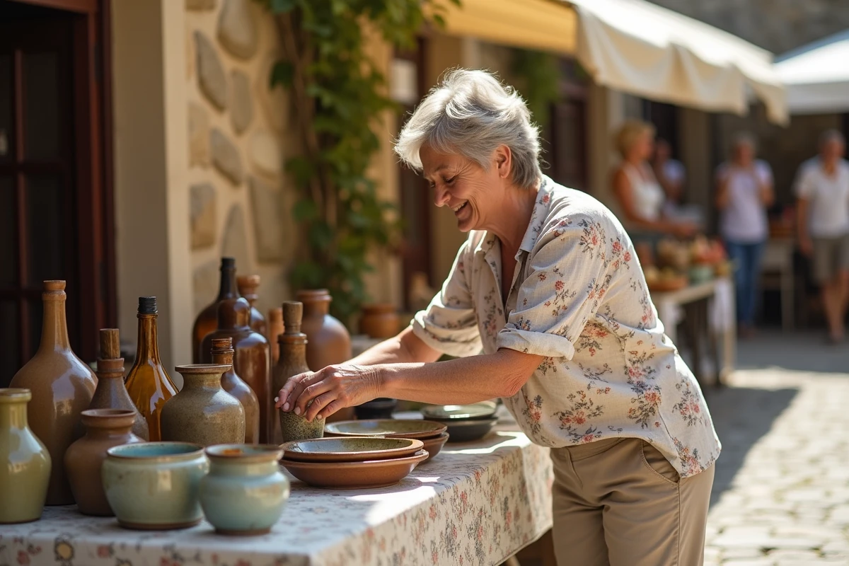 Femme arrangeant de la vaisselle ancienne sur un étal de brocante solidaire dans un village du Cantal