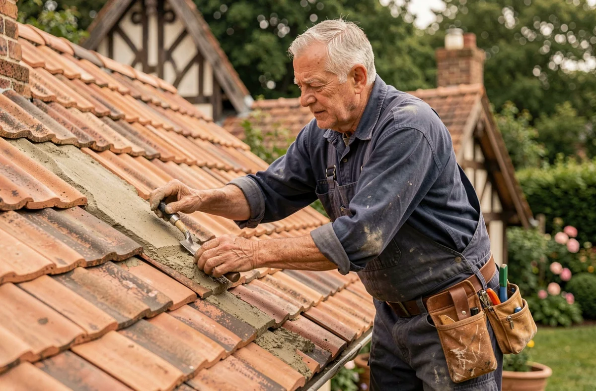 Maître couvreur des Ets Martin Couverture rejointoyant le faîtage d'un toit en tuiles sur une maison ancienne