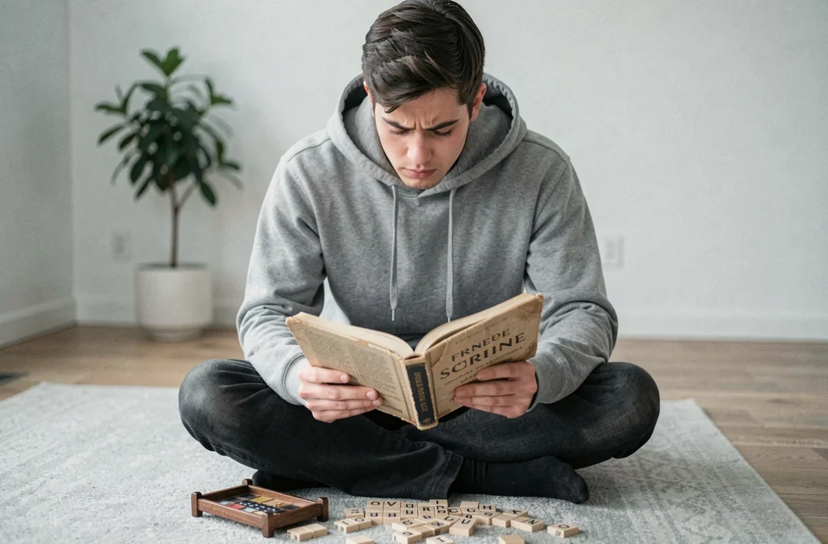 Jeune homme étudiant le dictionnaire officiel du Scrabble pour mémoriser les mots acceptés et améliorer sa stratégie