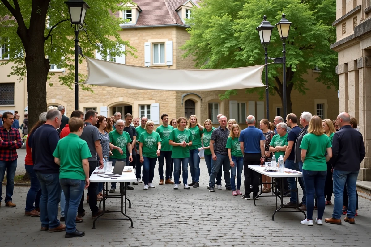 Événement citoyen animé sur une place de village français avec des bénévoles distribuant des flyers lors d'une journée thématique