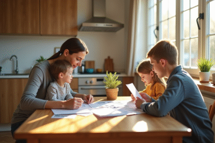 Famille moderne planifiant le budget familial à la maison