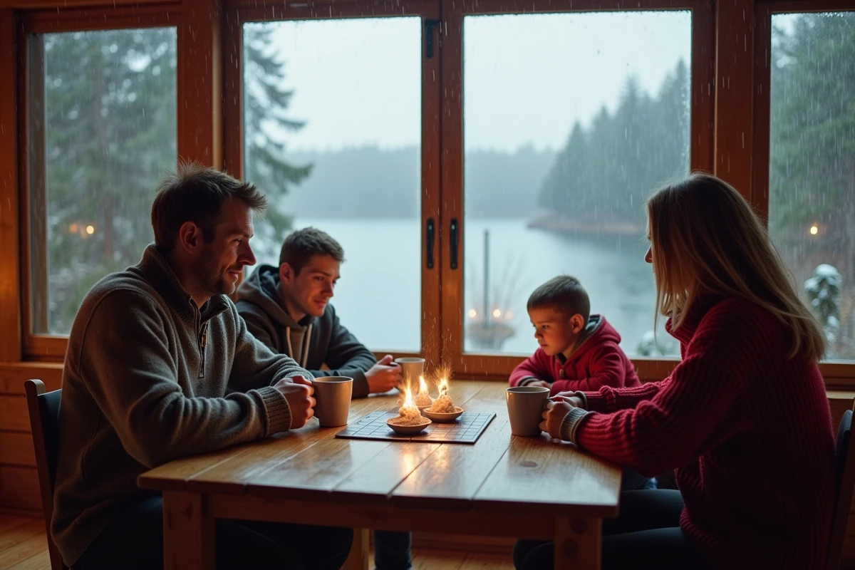 Famille jouant à un jeu de société dans un chalet au bord du lac sous la pluie
