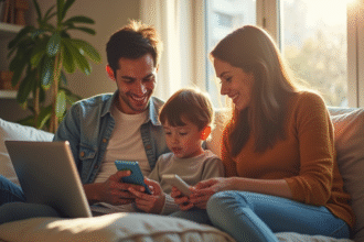 Famille moderne utilisant des appareils numériques à la maison