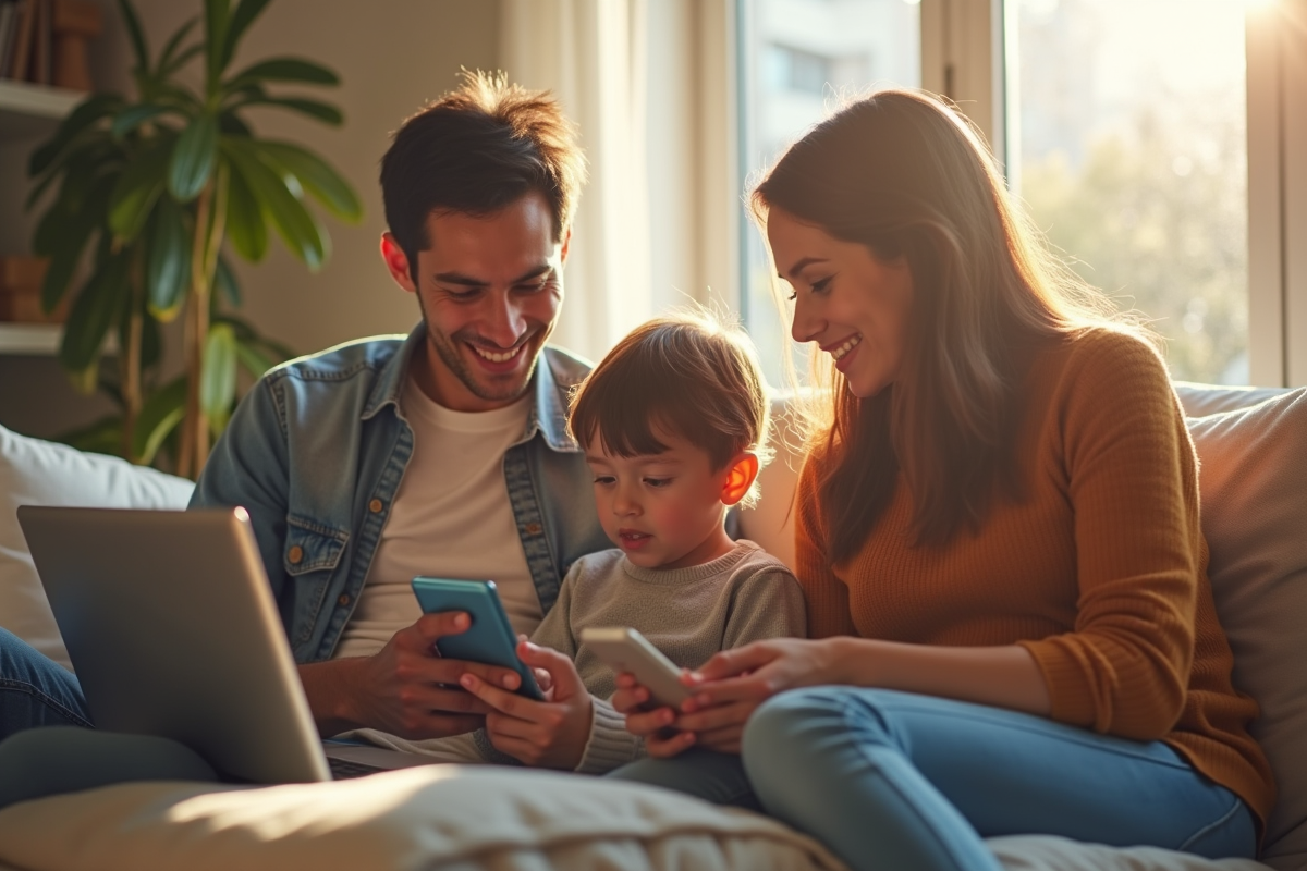 Famille moderne utilisant des appareils numériques à la maison
