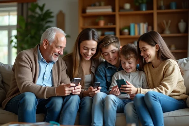 Famille multigenerations apprenant à utiliser la messagerie
