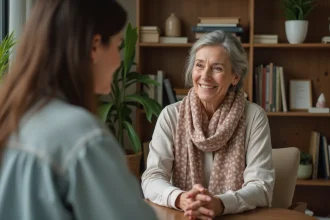 Femme accueillante dans un bureau chaleureux et cosy