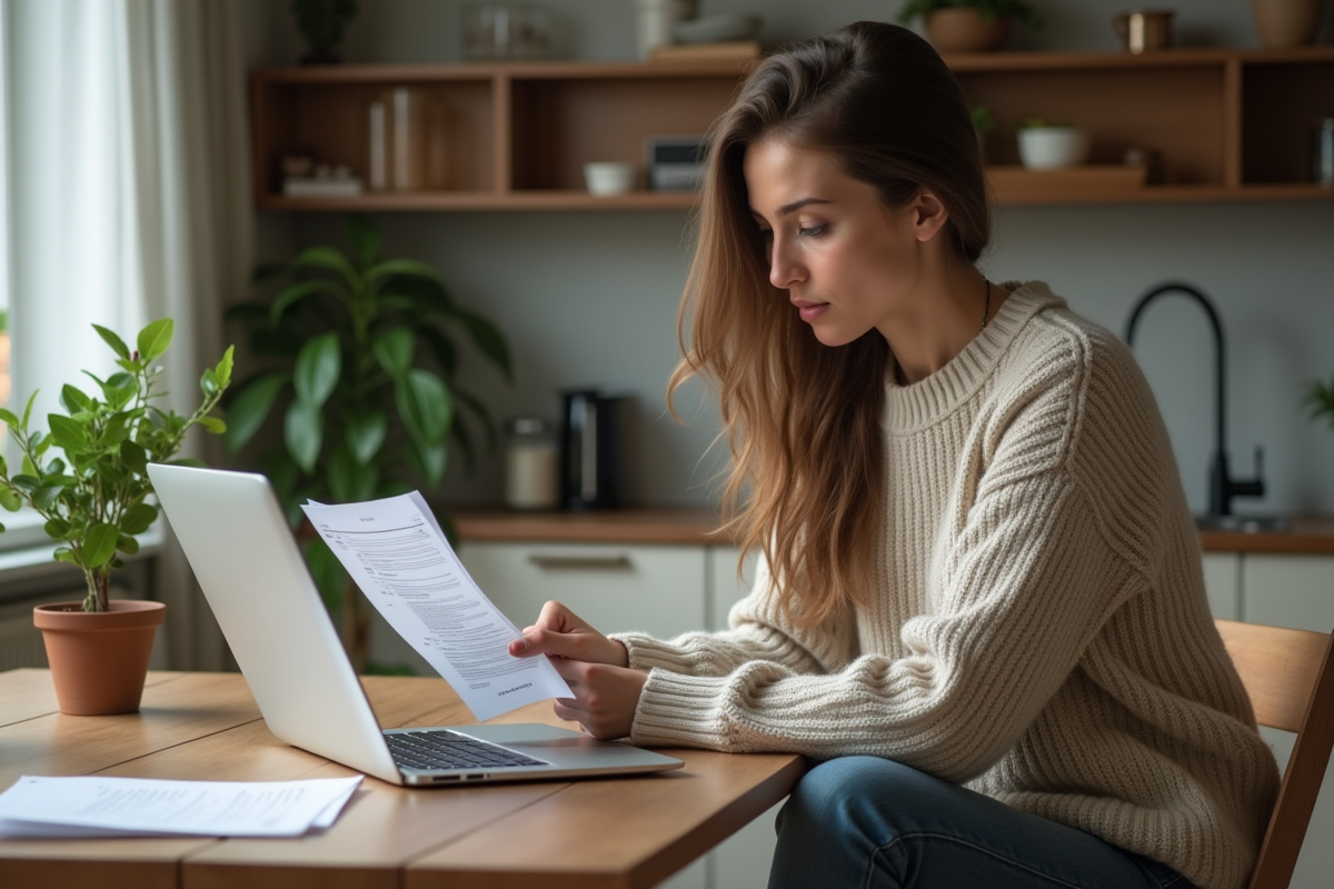 Jeune femme consulte documents achat maison chez elle