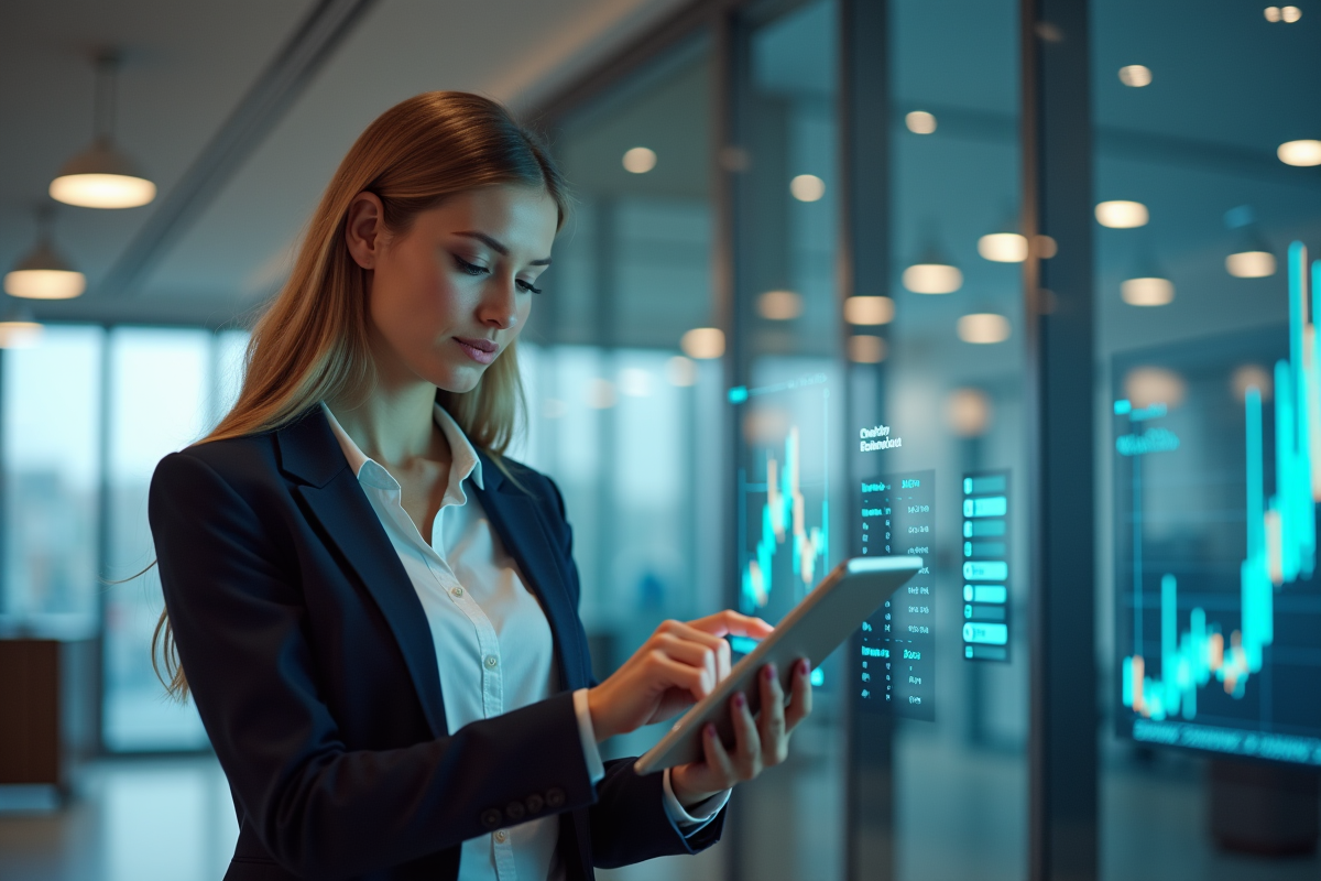 Femme d'affaires confiante dans une banque hightech