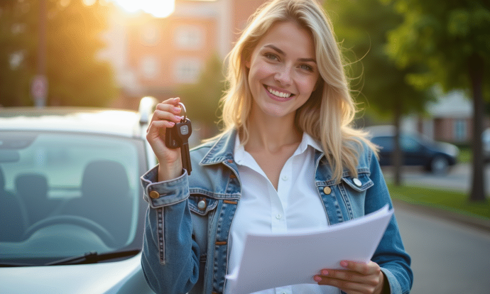 Femme souriante tenant clés et documents d'assurance voiture