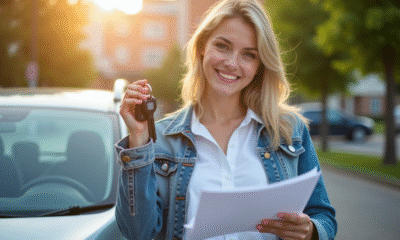 Femme souriante tenant clés et documents d'assurance voiture