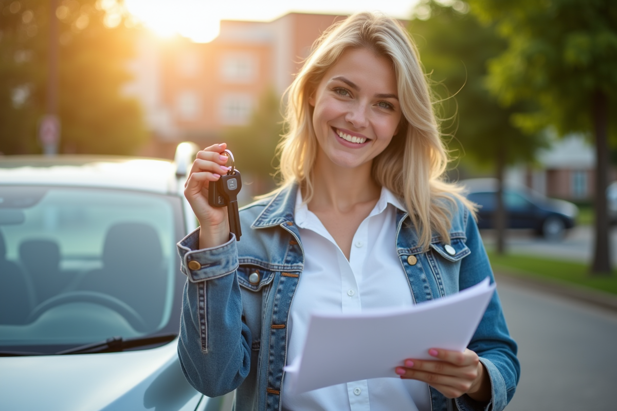 Femme souriante tenant clés et documents d'assurance voiture