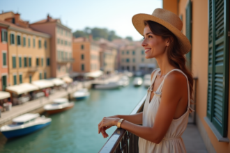 Femme en robe en lin sur un balcon avec vue sur le vieux port