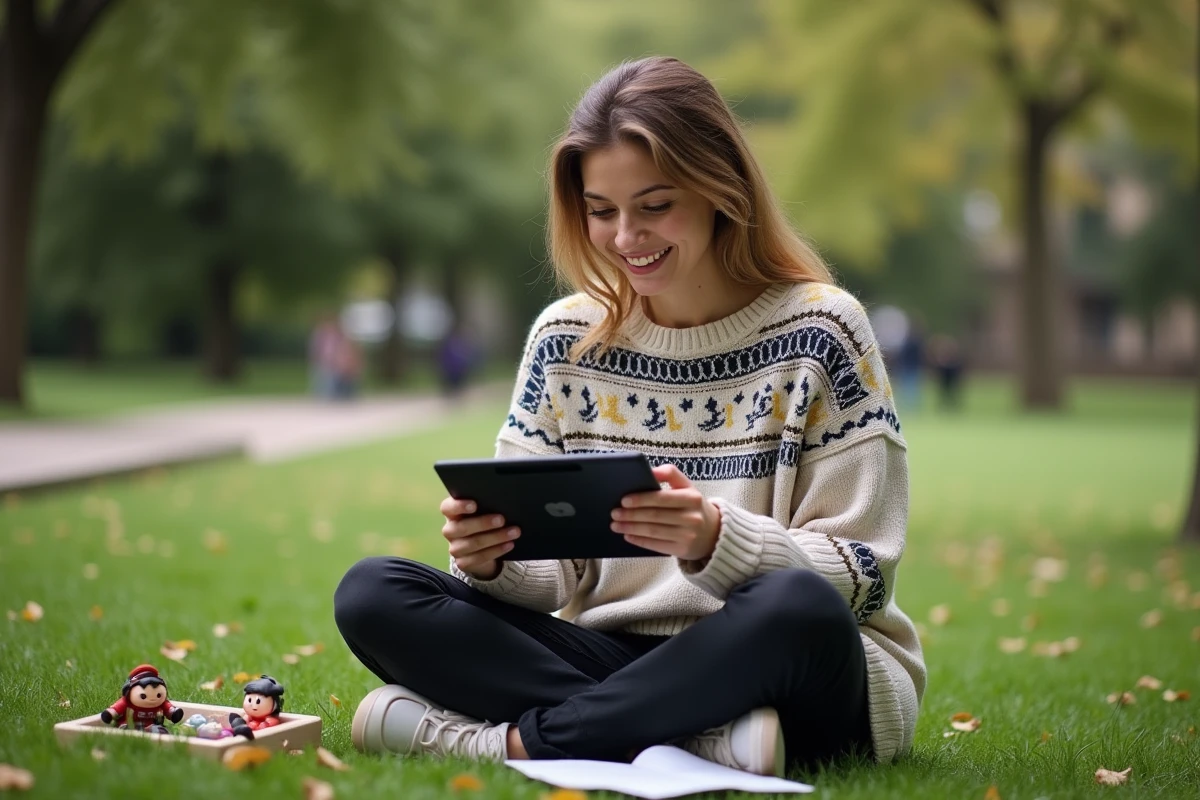 Femme souriante regardant sa tablette dans un parc