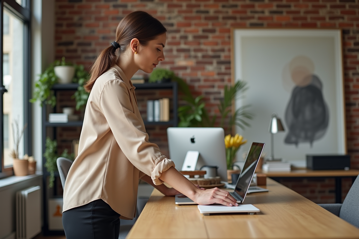 Femme d affaires arrangeant accessoires dans un espace de coworking