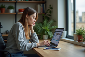 Femme concentrée travaillant sur son ordinateur dans un bureau à domicile