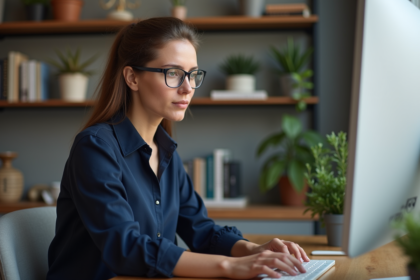 Femme au bureau moderne travaillant sur un ordinateur
