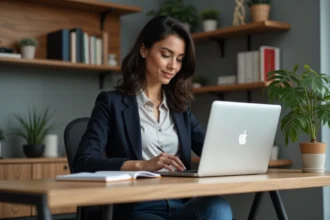 Femme concentrée dans son bureau moderne et organisé
