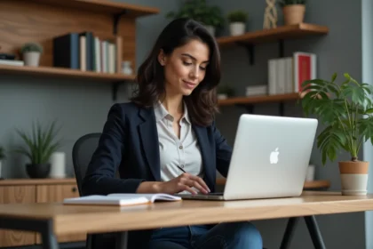 Femme concentrée dans son bureau moderne et organisé