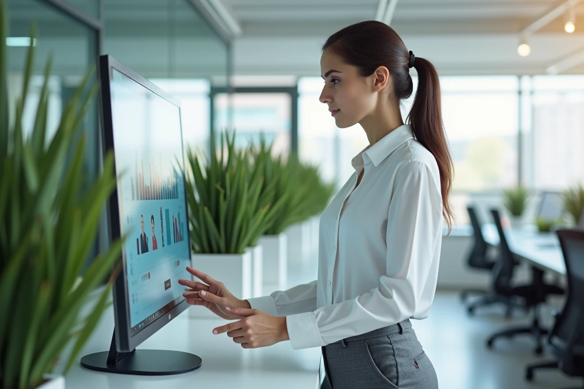 Femme en bureau moderne utilisant un écran tactile