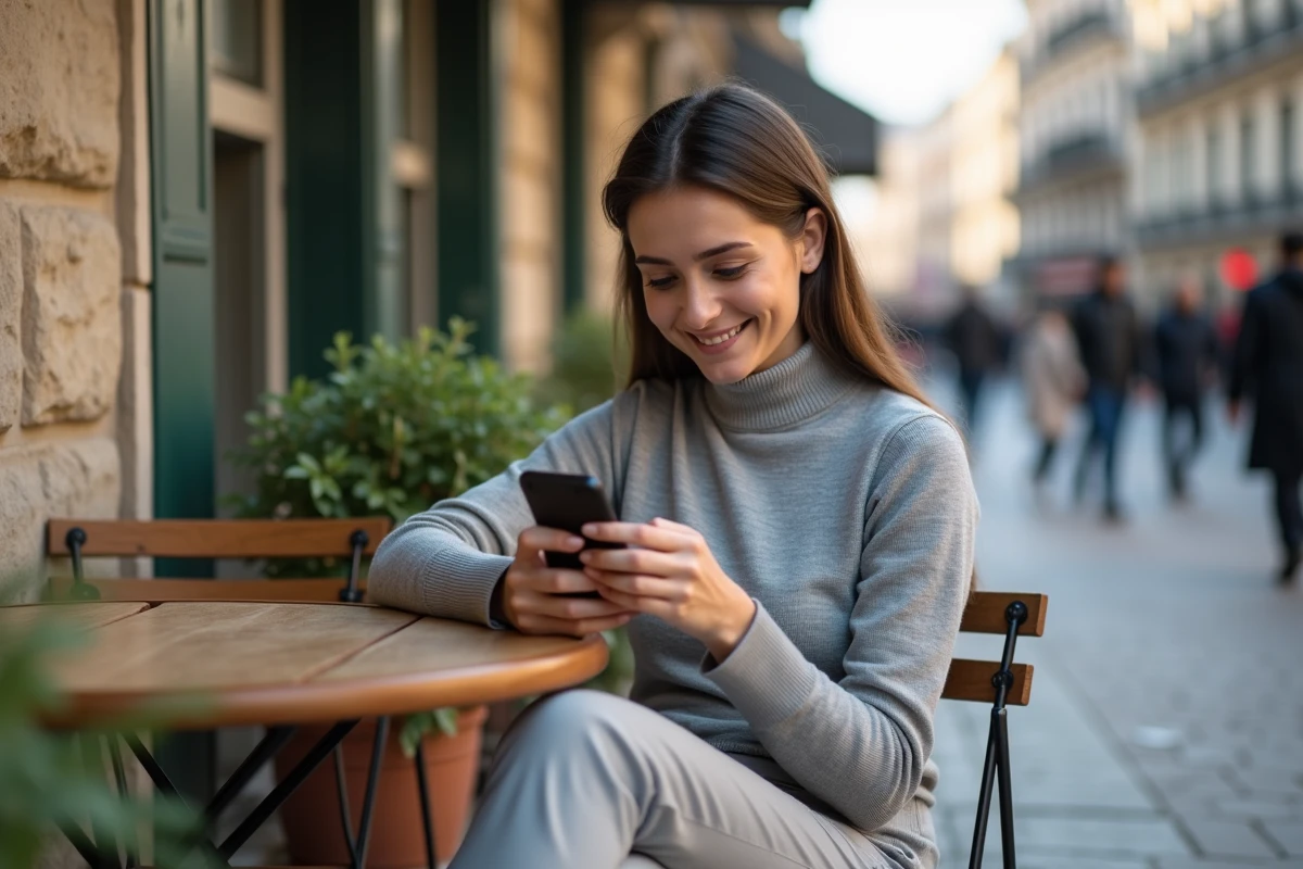 Jeune femme au café regardant son smartphone avec un sourire naturel