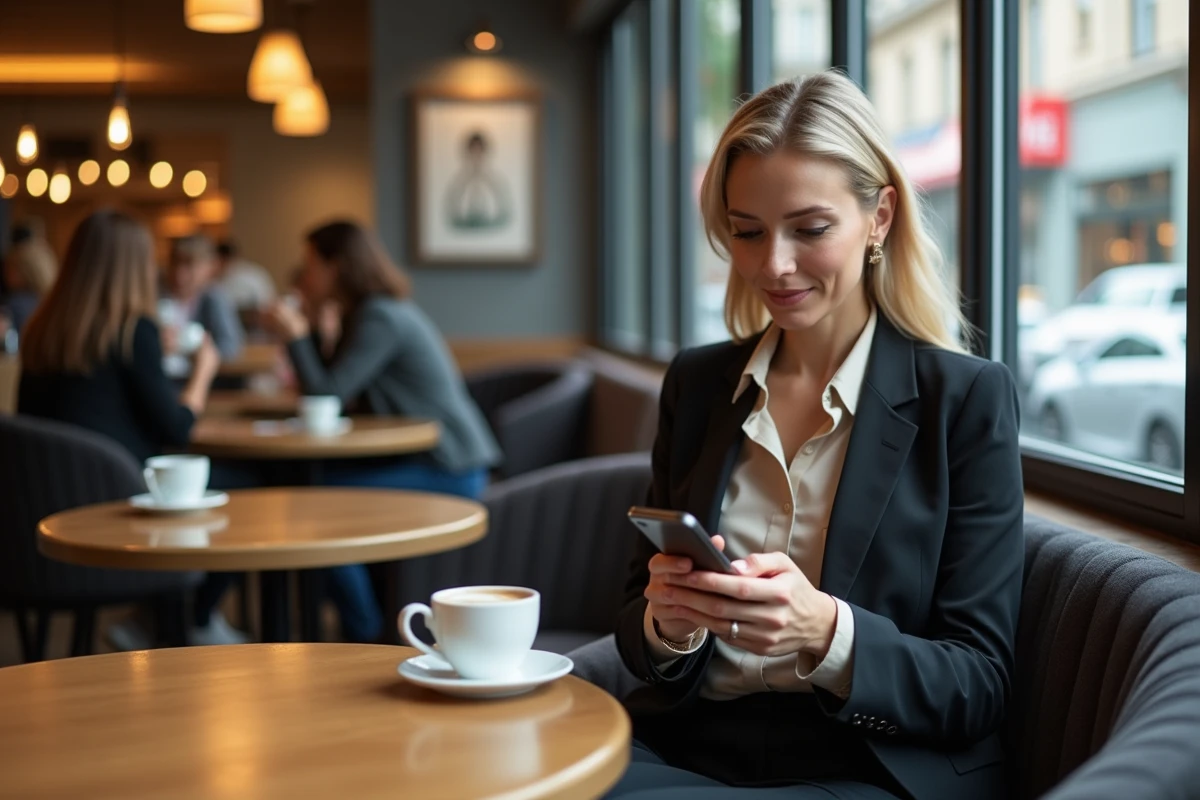 Femme en blazer dans un café moderne en ville