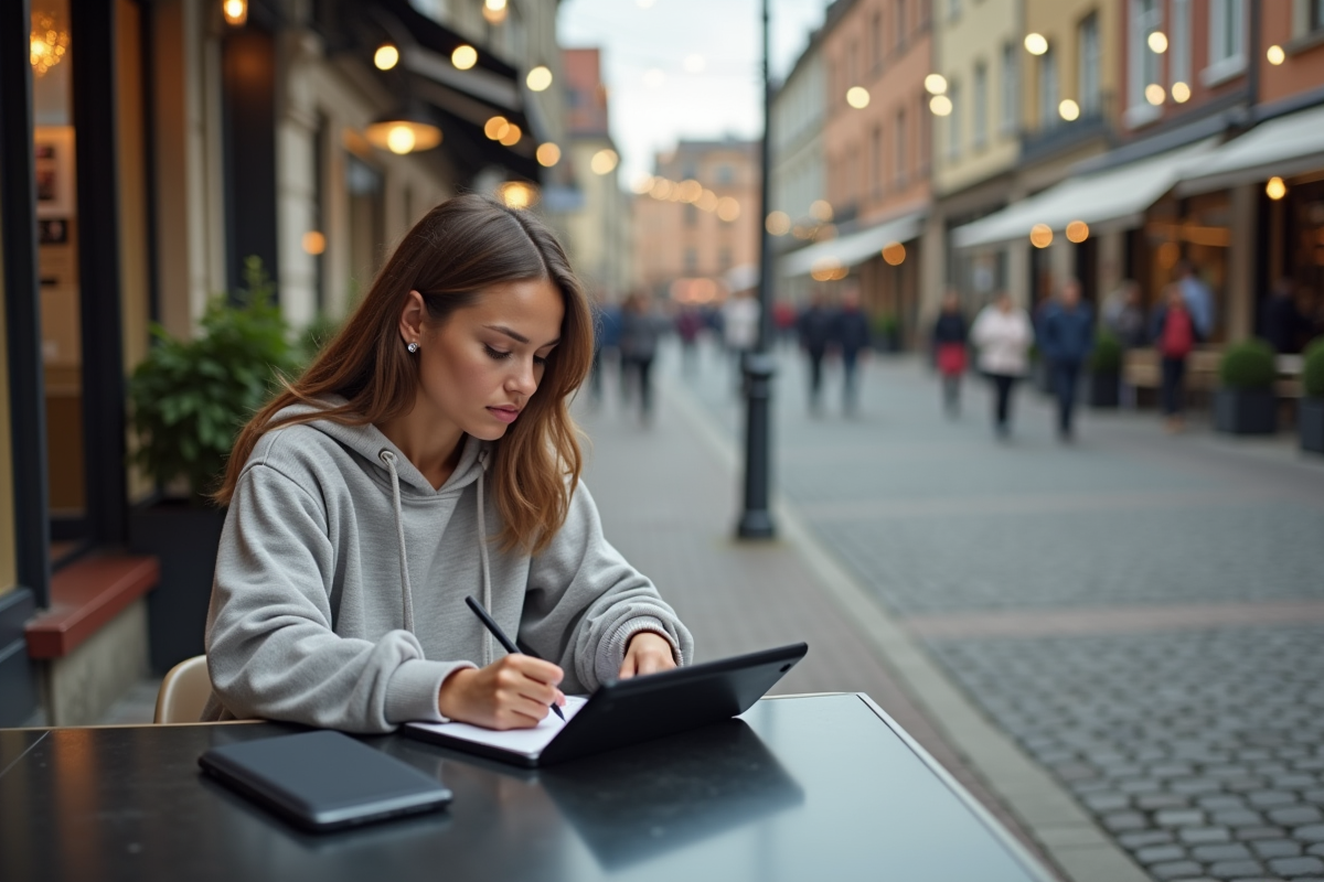 Femme prenant des notes avec une tablette en extérieur