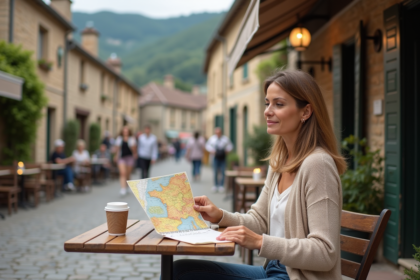 Femme méditative avec carte de France en terrasse rurale
