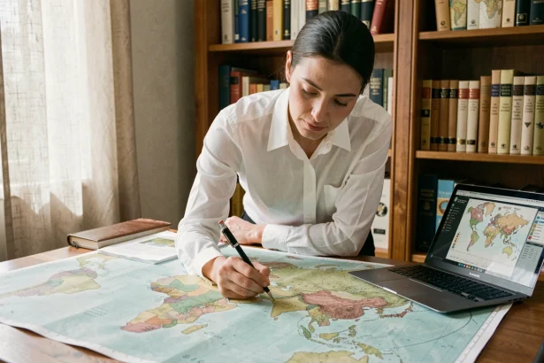 Femme étudiant une carte du monde sur un bureau en bois pour analyser la superficie des pays