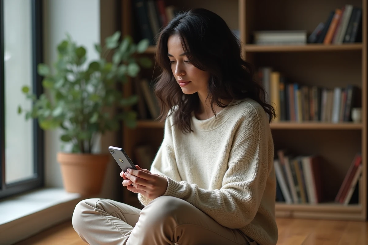 Femme contemplative regardant le nombre 2222 sur son téléphone, symbolisant la signification de la flamme jumelle