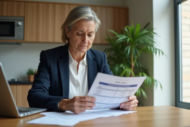 Femme d'âge moyen lisant un tableau comparatif d'assurances santé