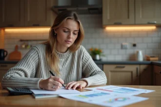 Femme concentrée convertissant des tonnes en kilogrammes à la maison