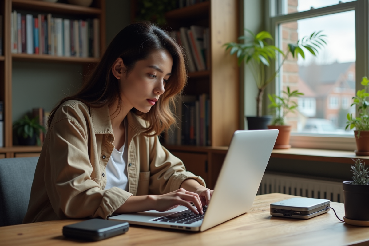 Jeune femme configure protection sur un SSD portable