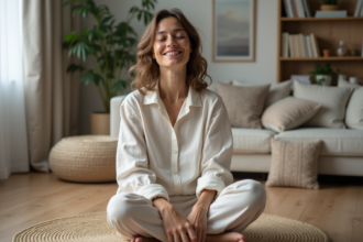 Femme méditant paisiblement dans un intérieur cosy