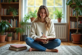 Femme assise écrivant dans un journal coloré dans un salon chaleureux