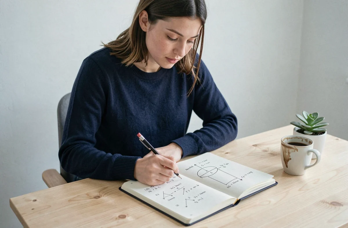 Jeune femme étudiant la formule du volume d'un cylindre dans un cahier avec schéma géométrique annoté à la main