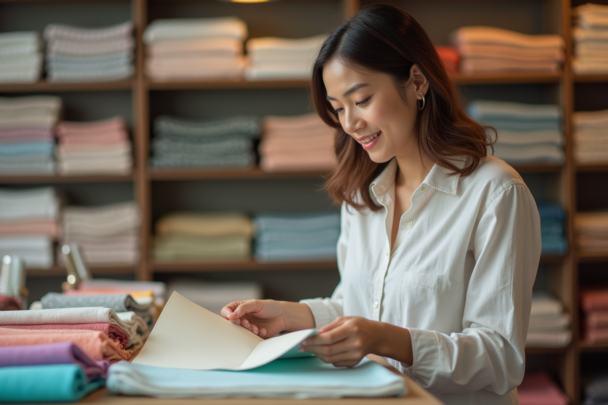 Femme compare des échantillons de tissus colorés
