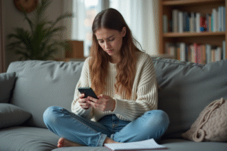Jeune femme frustrée utilisant son smartphone à la maison