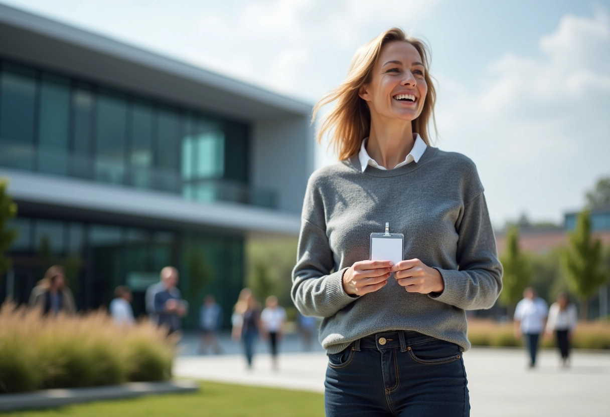 Femme parlant devant un lieu de conférence futuriste en extérieur