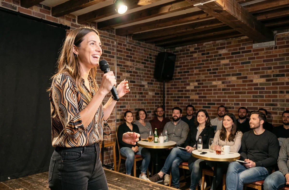 Femme humoriste en plein spectacle de stand-up dans une salle à moitié remplie d'un club parisien