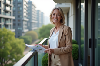 Femme souriante tenant brochure immobiliere sur balcon urbain