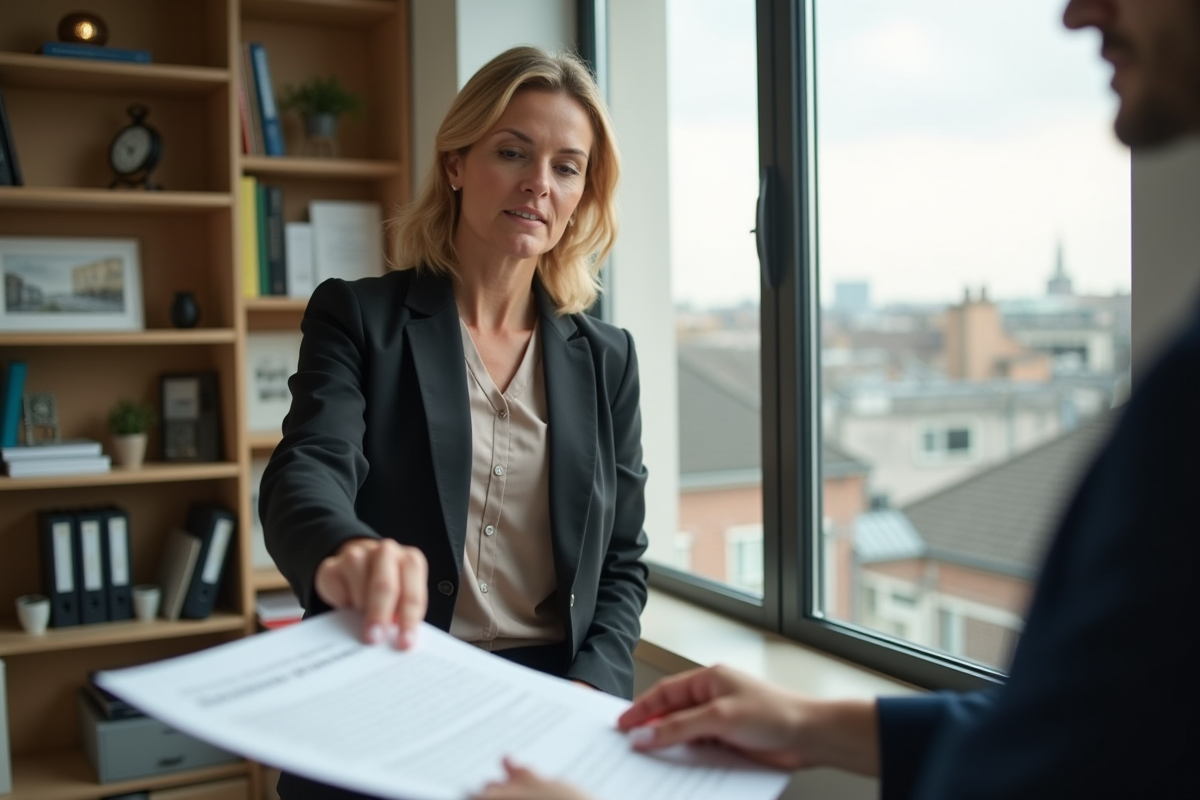 Femme professionnelle pointant document dans bureau immobilier