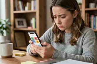 Femme concentrée jouant à 4 images 1 mot sur smartphone, cherchant un mot de 5 lettres difficile