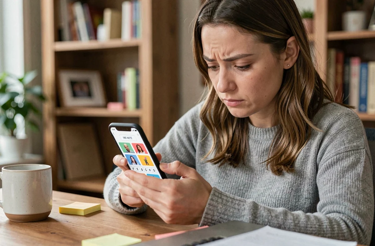 Femme concentrée jouant à 4 images 1 mot sur smartphone, cherchant un mot de 5 lettres difficile