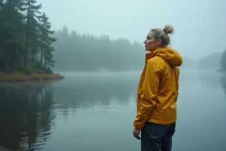 Femme en veste imperméable contemplant un lac sous la pluie par temps brumeux