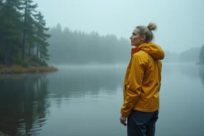 Femme en veste imperméable contemplant un lac sous la pluie par temps brumeux