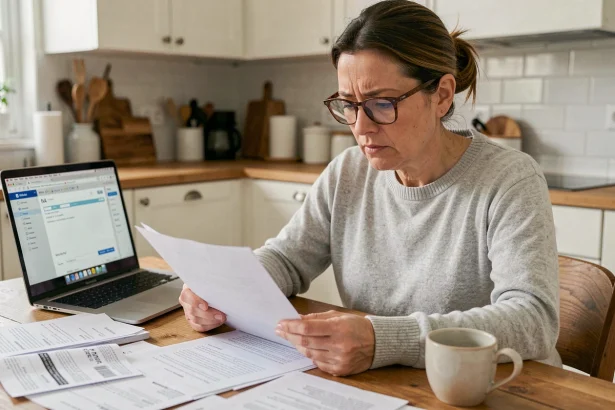Femme lisant des documents de litige avec Darty à son bureau à domicile pour constituer un dossier par mail