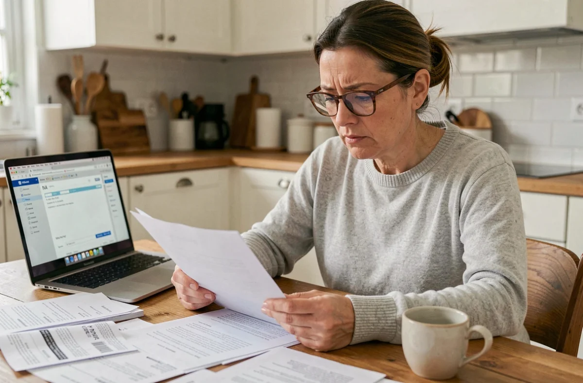 Femme lisant des documents de litige avec Darty à son bureau à domicile pour constituer un dossier par mail