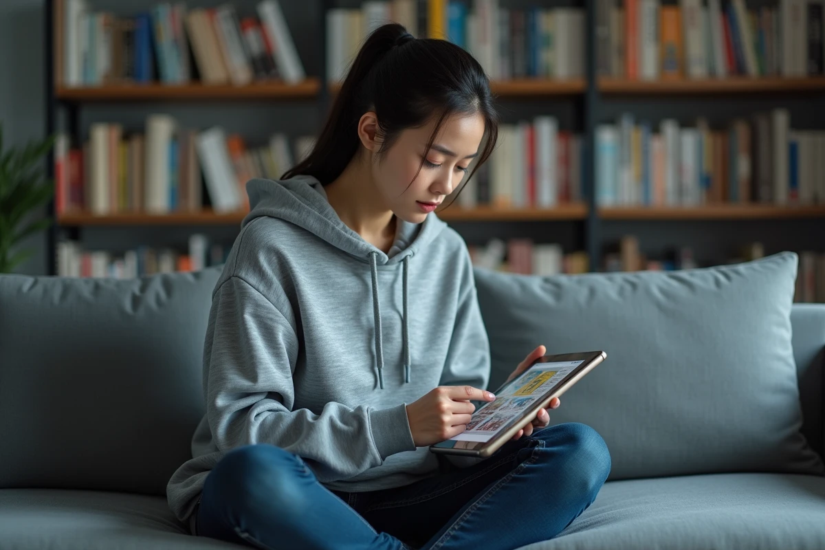 Femme lisant les derniers scans One Piece sur une tablette dans un salon avec bibliothèque manga