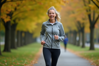 Femme en tenue de sport marchant dans un parc verdoyant