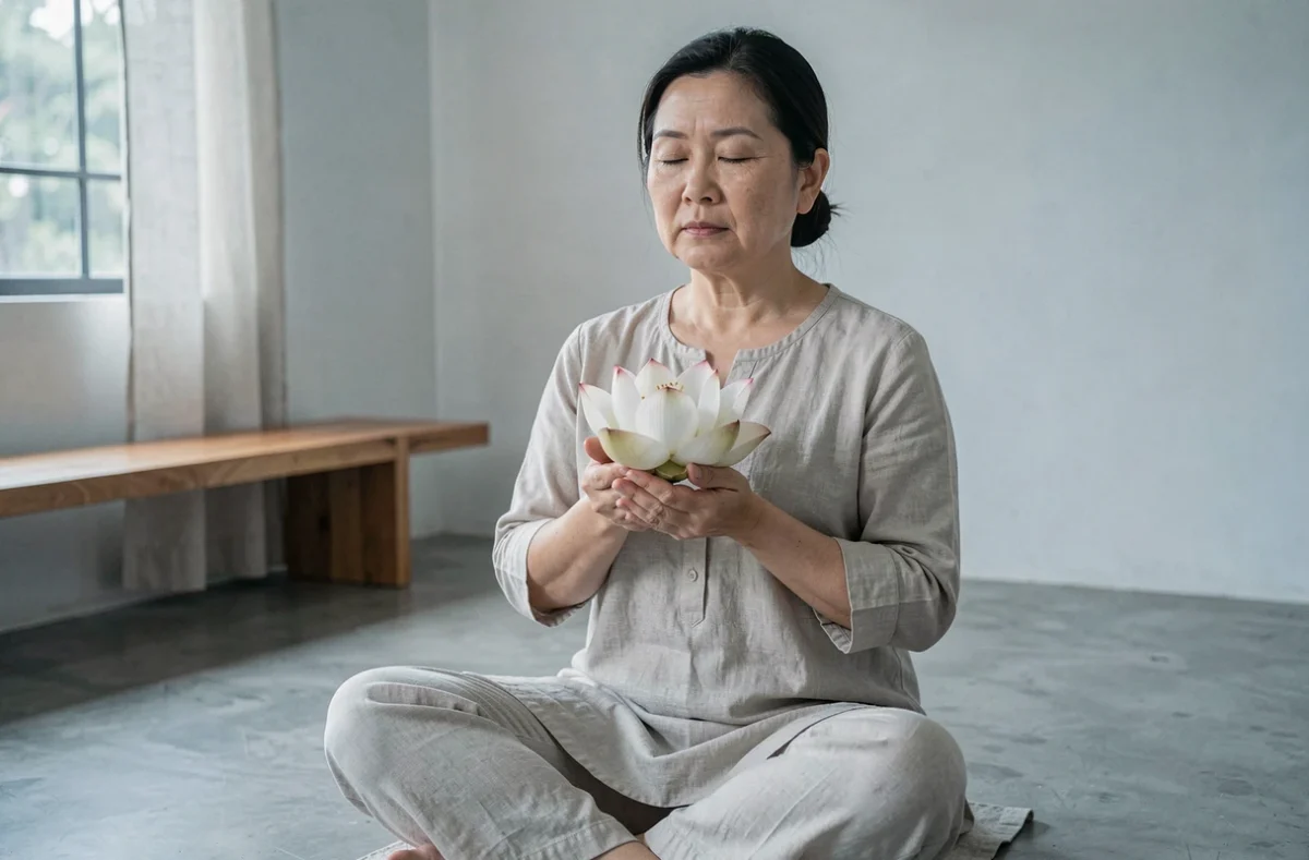 Femme en méditation tenant une fleur de lotus, symbolisant la renaissance intérieure et la résilience personnelle